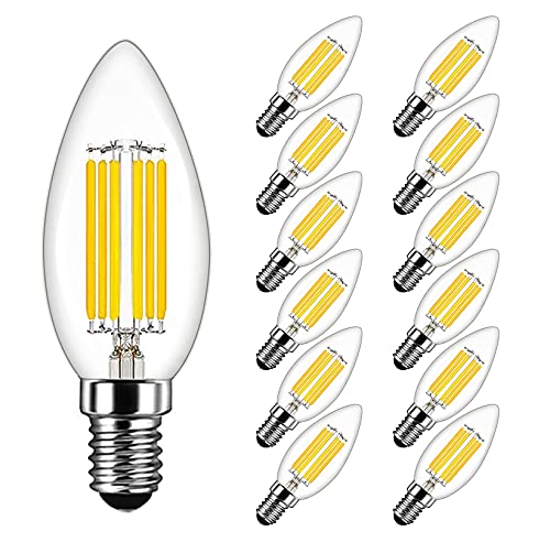 E14 Kerze LED Lampe 6W Ersetzt 60W, 600 lumen, Kaltweiß 6500K, Filament Fadenlampe Ideal für Kronleuchter und Kristalllichter, AC 220-240V, Nicht Dimmbar, Glas, 12er Pack - MAYCOLOR