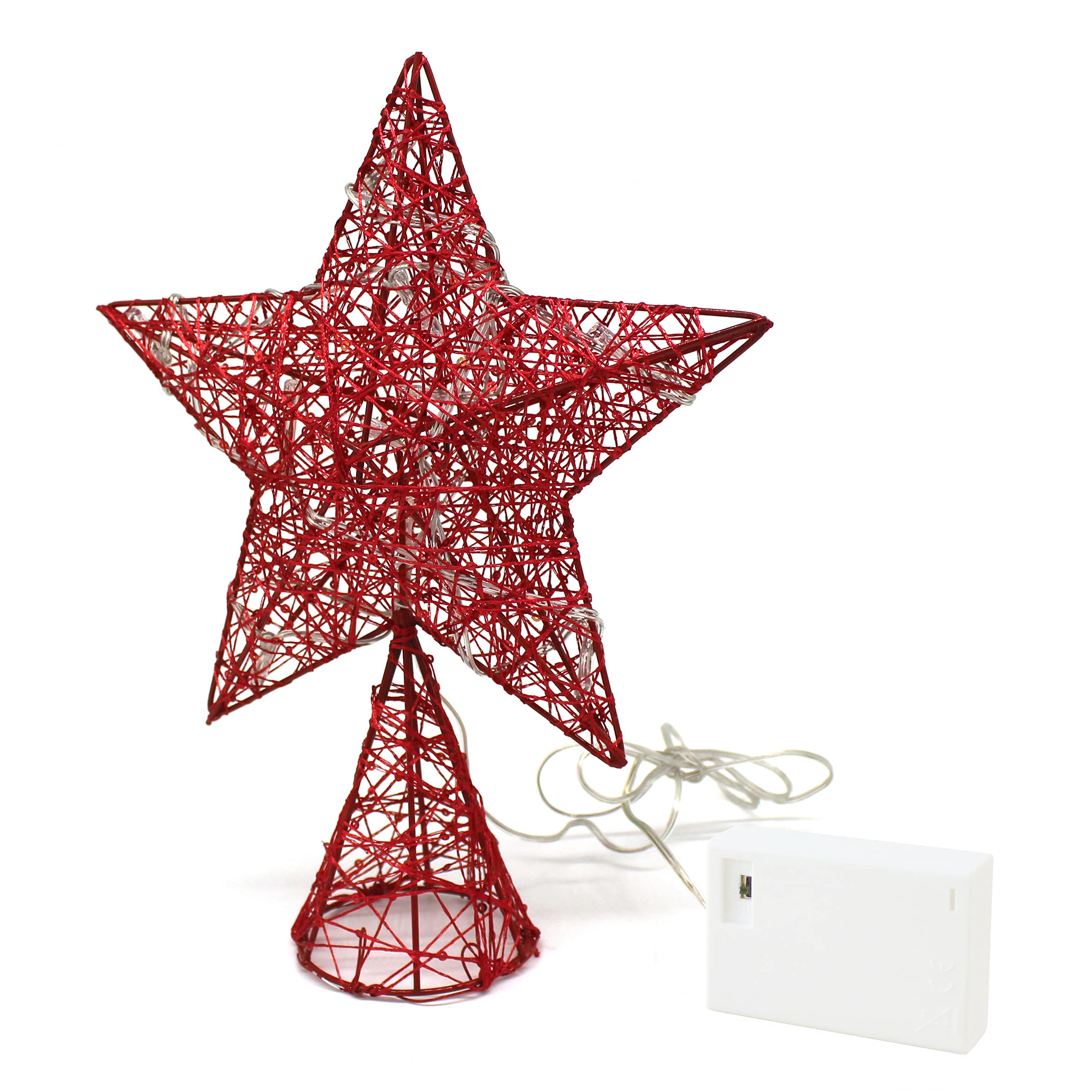 CVHOMEDECO. Roter Baumkronen-Stern mit warmweißen LED-Leuchten und Timer für Weihnachtsschmuck und saisonale Weihnachtsdekoration, 20,3 x 25,4 cm