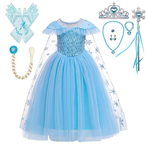 Lito Angels Kinder Mädchen Prinzessin Elsa Kostüm Kleid mit Umhang und Zubehör, Weihnachten Halloween Karneval Party Verkleidung, Größe 8-9 Jahre 234