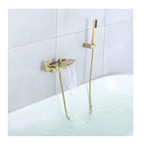 Wasserfall-Badezimmer-Badewannenarmaturen, Duschaufsatz für Badewannenarmaturen, heißes und kaltes Bad, Duscharmatur aus massivem Messing, Wandmontage-Duscharmatur (Gold)
