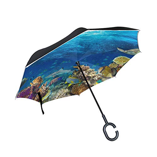 ISAOA Doppelschichtiger umgekehrter Regenschirm,Auto-Regenschirm,Unterwasserkorallenriff,Landschaft Hintergrund im tiefblauen Ozean mit bunten Fischen,Winddicht,Regen