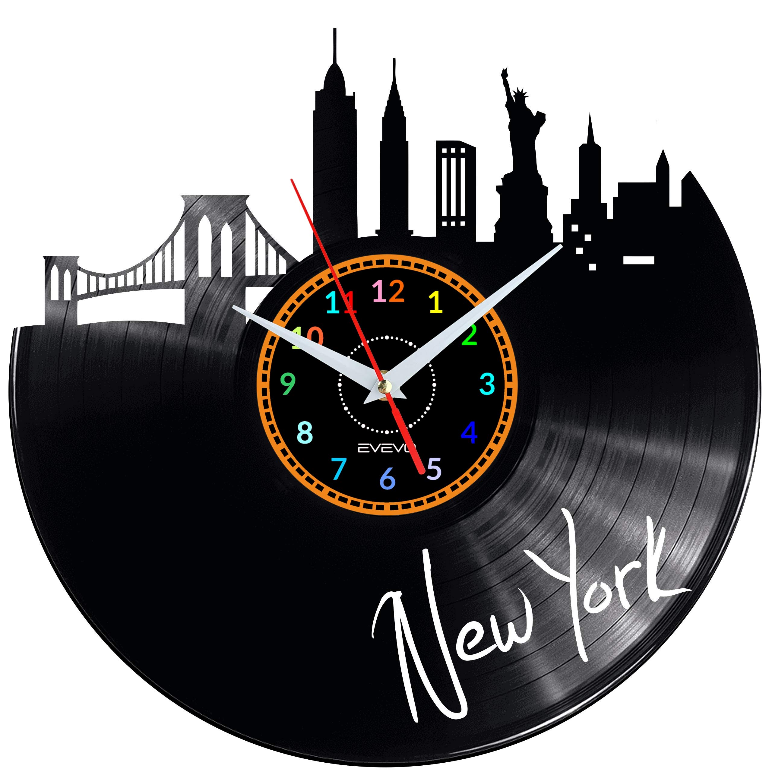 EVEVO New York Wanduhr Vinyl Schallplatte Retro-Uhr groß Uhren Style Raum Home Dekorationen Tolles Geschenk Wanduhr New York