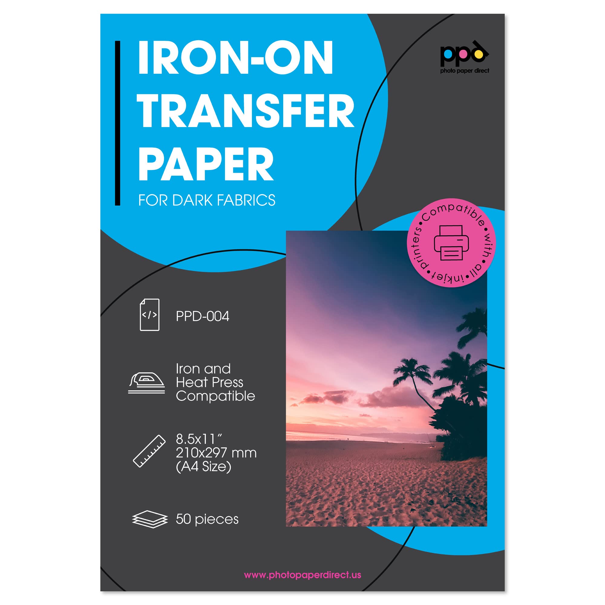 PPD 50xA4 Inkjet Premium Transferpapier für dunkles Textil, Bügeleisen und Transferpresse PPD-4-50