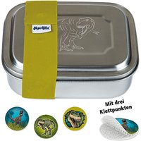 Edelstahl-Brotdose mit Elastikband & 3-Fach-Unterteilung T-Rex, inkl. 3 Kletties silber