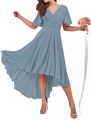 Hohe niedrige Prinzessin Kleid für Frauen V Ausschnitt Schnürung Chiffon Kurze Ärmel Plissee Hochzeit Party Kleider, dusty blue, 48