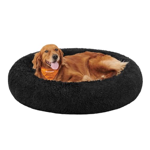 Feandrea Hundebett flauschig, Katzenbett, Donut Kissen, waschbar, Polsterung in der Mitte herausnehmbar, Langer Plüsch, 120 cm Durchmesser, tintenschwarz PGW043B01