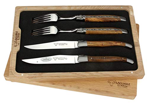 Laguiole en Aubrac - 2 Steakmesser und 2 Gabeln im Set - Griff Holz Pistazie - Original Frankreich mit Zertifikat