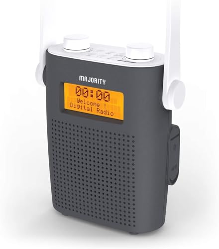 Majority Eversden DAB/DAB+ Digital- und FM-Wiederaufladbares tragbares Badezimmer-Duschradio wasserdicht IPX5, stoßfestes Material, Gummi-Hängegurt, Bluetooth (weiß)