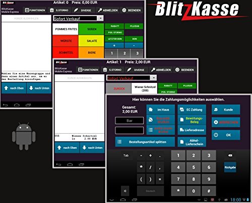 Android Kassensoftware BlitzKasseExpress für Handel, Kiosk, Reinigung, Imbiss. GDPdU GoDB KONFORM