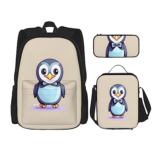 OdDdot 3-teiliges Rucksack-Set, Hundepfotenabdrücke, 2-Standard-Skala, 2_00x Rucksack mit Lunchbox und Federmäppchen, Rucksack mit großer Kapazität, Büchertasche, Niedliche Pinguin-Drucke,