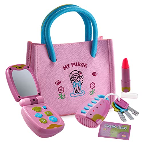 Playkidz My First Purse - Pretend Play Kid Purse Set for Girls with Handbag, Flip Phone, Light Up Remote with Keys, Play Lipstick & Kids Credit Card - Great Educational Toy for Fun & Learning