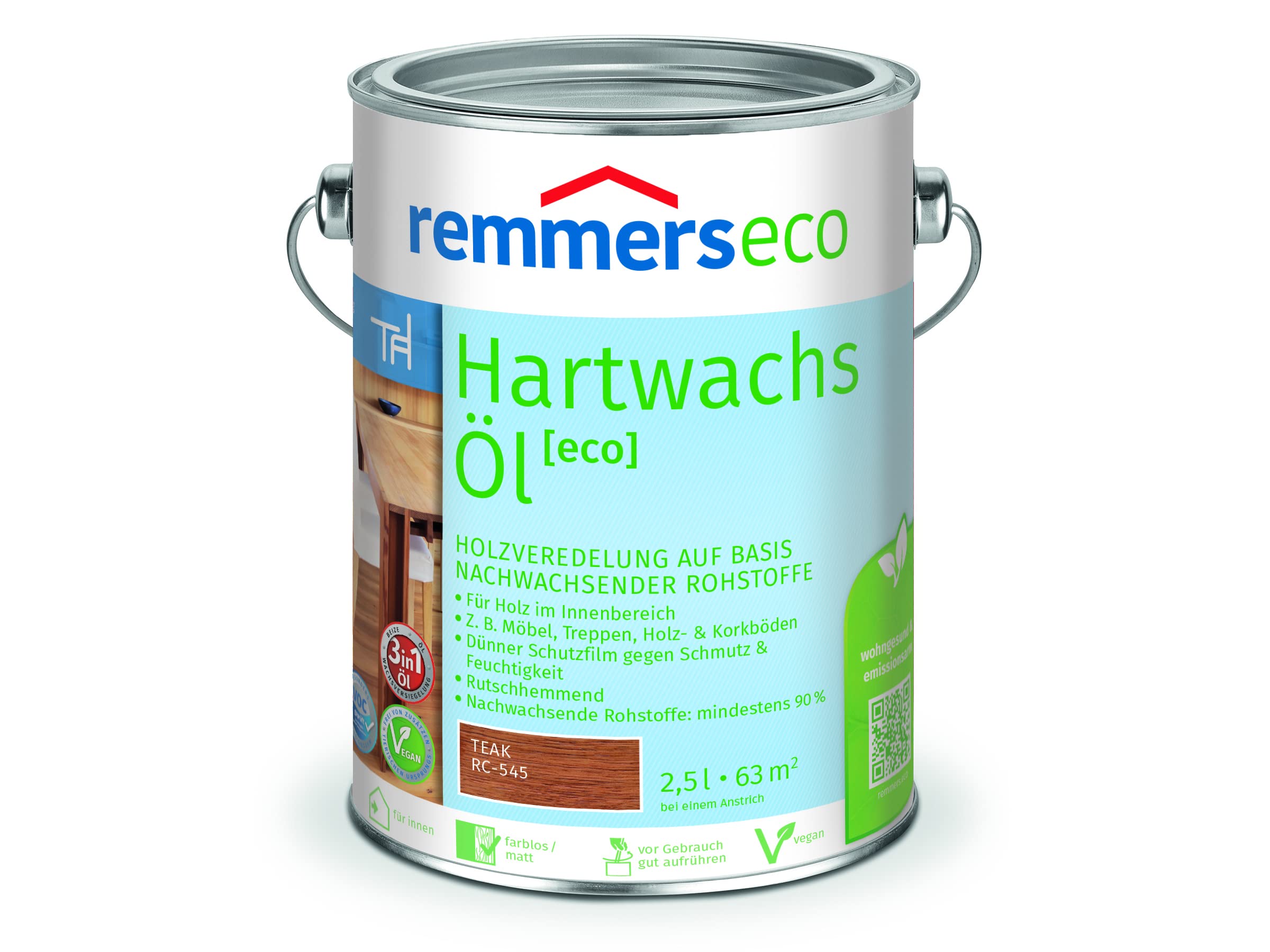 Remmers Hartwachs-Öl [eco] teak, 2,5 Liter, Hartwachsöl für innen, natürliche Basis, Beize, Öl und Versiegelung in einem, nachhaltig, vegan