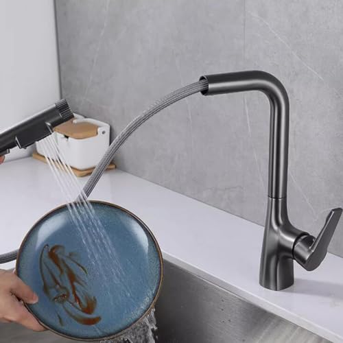3 Wege Wasserhahn Küche Ausziehbar, 3 Wege Küchenarmatur Duschmuster Drehbar Messing Mischbatterie Küche-Grau