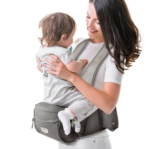 Sunveno Baby Hüftsitzträger, ergonomischer atmungsaktiver Babyträger, Doppel-Schulterträger für Babys, Kleinkinder, Grau