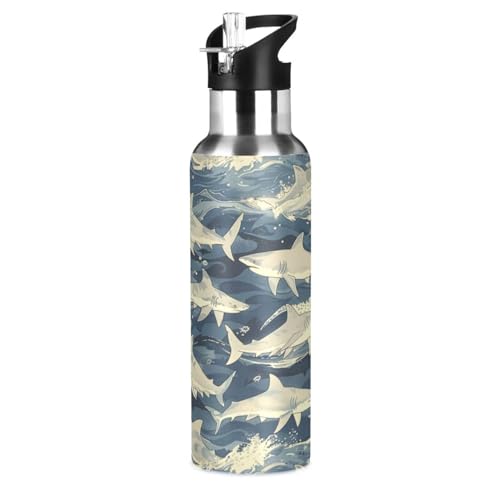 Kunst Meereswelle Haifisch Trinkflasche Wasserflasche mit Strohhalm für Sport, 600ML Thermosflasche BPA-frei Isolierflasche Edelstahl 18/8 für Kinder Wandern Schule
