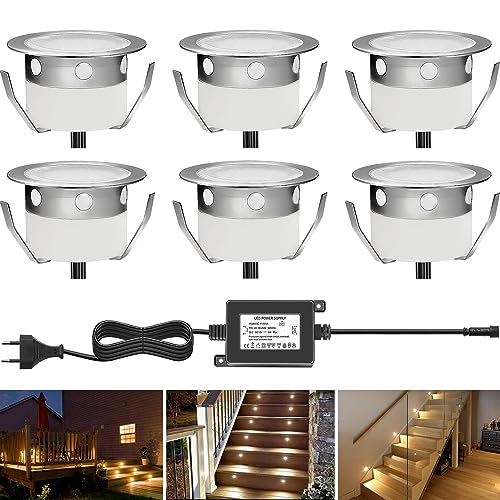 6er Set Ø30mm LED Bodeneinbaustrahler 9LM Aussen IP67 Wasserdichte 0.6W 12V Bodeneinbauleuchte Strahler, Treppenstufen Garten Terrasse Einbauleuchten Warmes Weiß