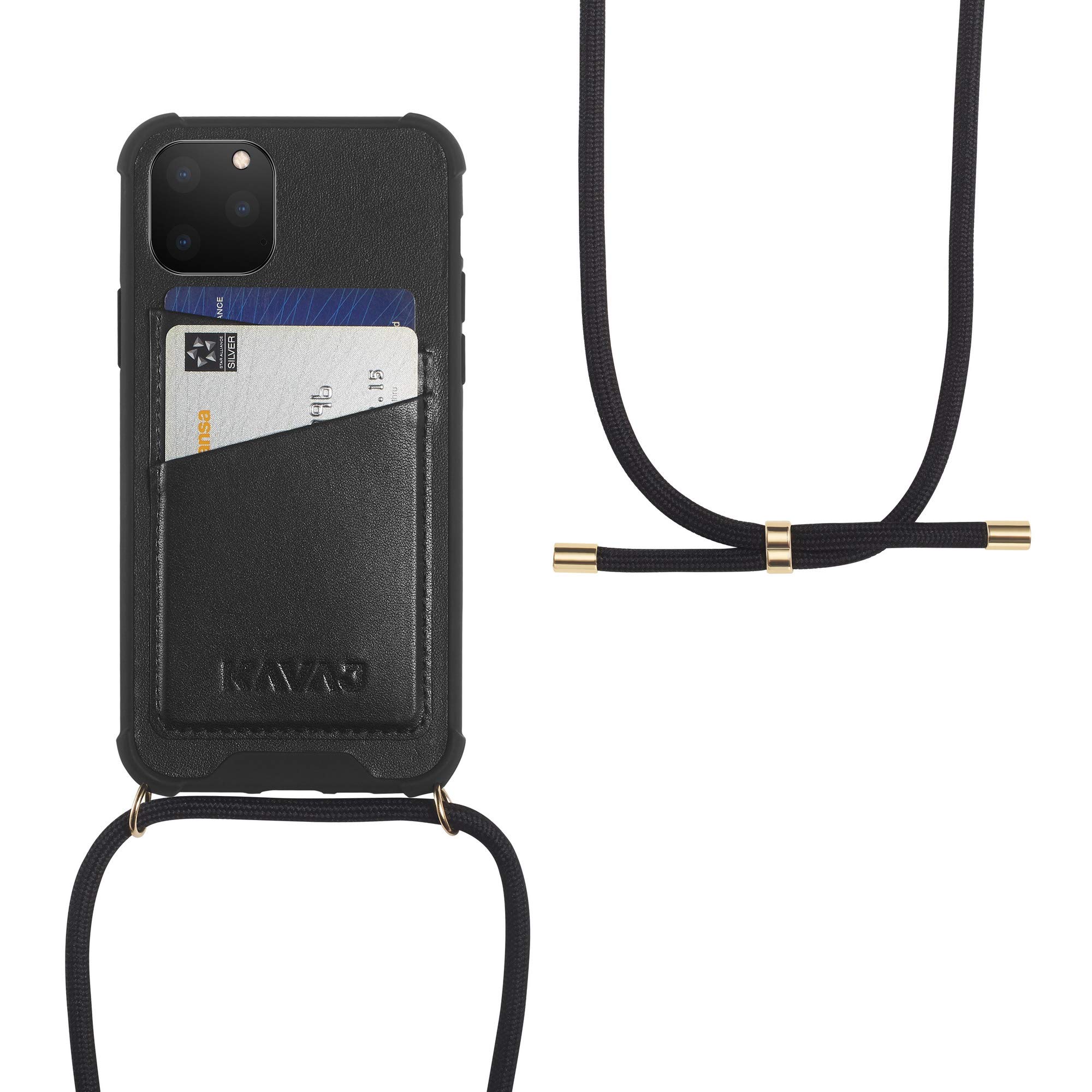 KAVAJ Hülle mit Band geeignet für Apple iPhone 11 Pro 5.8" Leder - Amsterdam - Handyhülle Handykette Handytasche mit Kette zum Umhängen - Kordel Schwarz/Ring Gold
