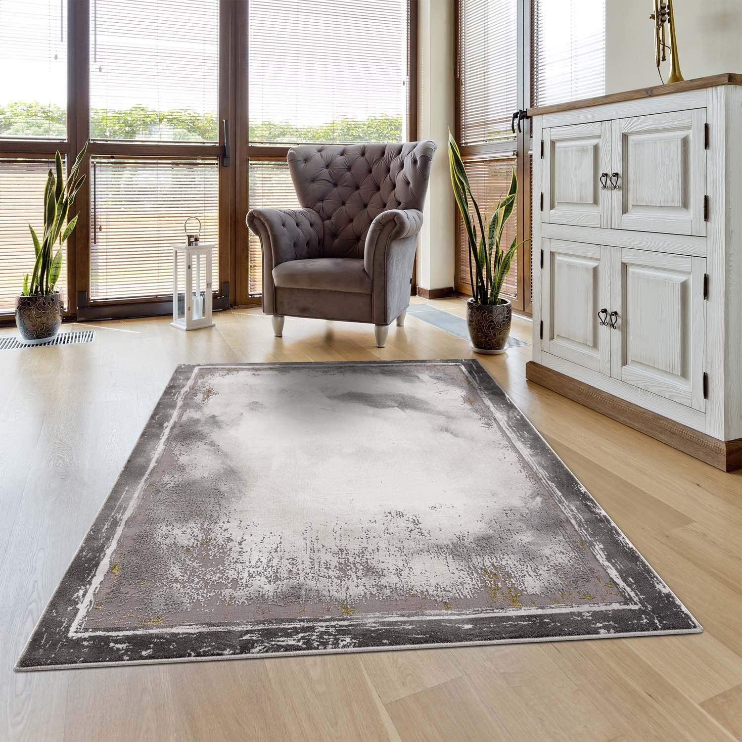 carpet city Teppich Bordüre Wohnzimmer - 80x150 cm Grau Golden Meliert - Moderne Teppiche Kurzflor
