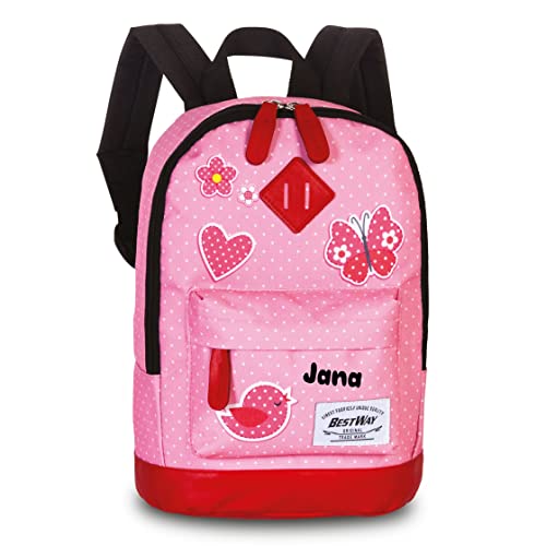 minimutz Kindergarten-Rucksack Mädchen mit Name | Kleiner personalisierter Rucksack Kinder Freizeitrucksack Love gepunktet in rosa mit Schmetterling Herzen Blumen