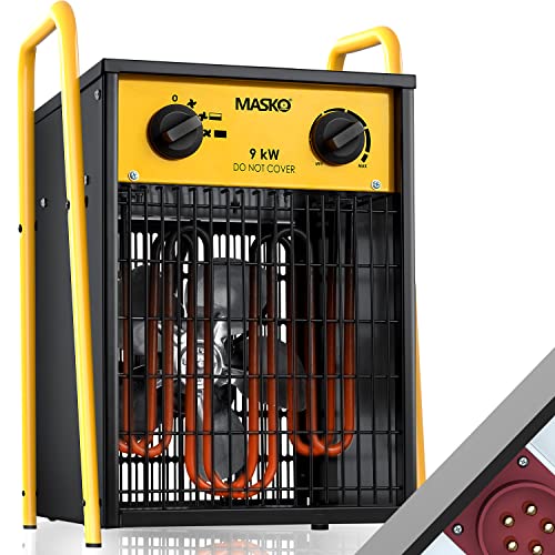 Masko® Elektroheizer Heizlüfter Bauheizer 9 KW mit integriertem Thermostat elektrisch Heizgerät 9000 Watt 3 Heizstufen Heizgebläse für Innen- und Außeneinsatz Überlastschutz Elektroheizgebläse Gelb