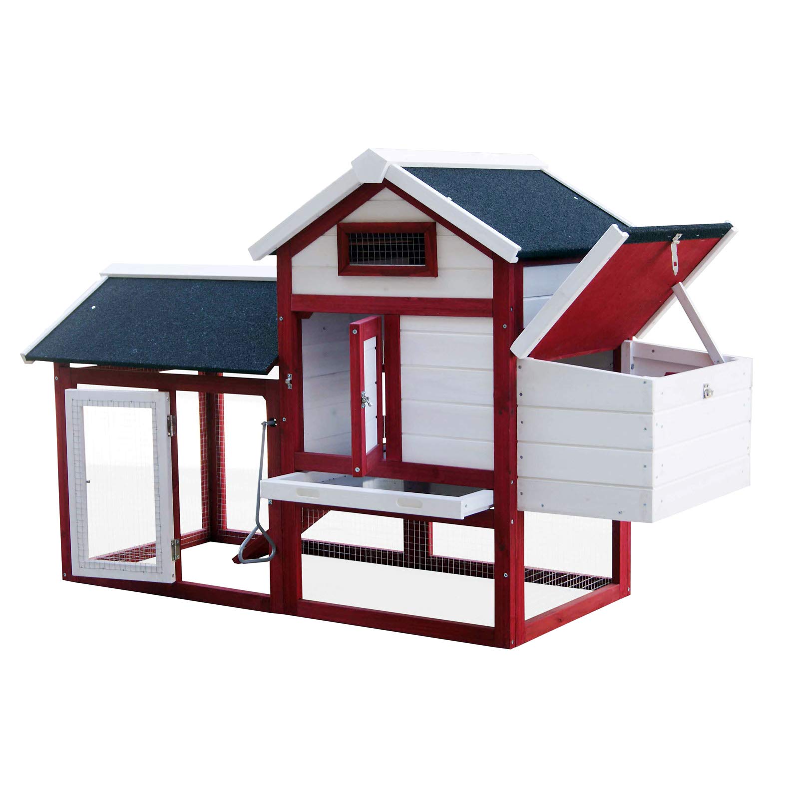 Hühnerstall mit Nistkasten & Freilauf, Rot-Weiß, Haus mit ausziehbarem Boden