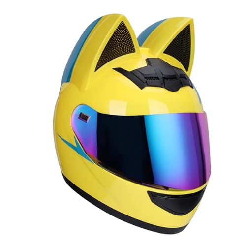 Motorradhelm Für Mädchen Und Damen Katzenohren-Helm Vollvisierhelm ECE/DOT-Zertifizierter Integral-Motorradhelm, Vier-Jahreszeiten-Helme Mit Sonnenblende Für Straßenradrennen, Motocross 30,S