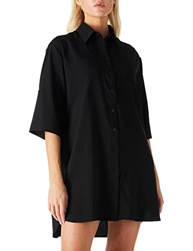 Amazon Brand - find. Lässiges Damenkleid Halblange Ärmel Bündchen Knopfleiste Mini-Shirt-Kleid Übergröße V-Ausschnitt Hemdblusenkleid, Schwarz, Size M