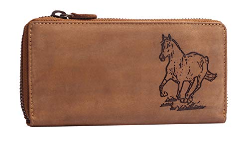 Greenburry Vintage Leder Damen Geldbörse Brieftasche mit Pferd Motiv Braun 19x10x2,5cm