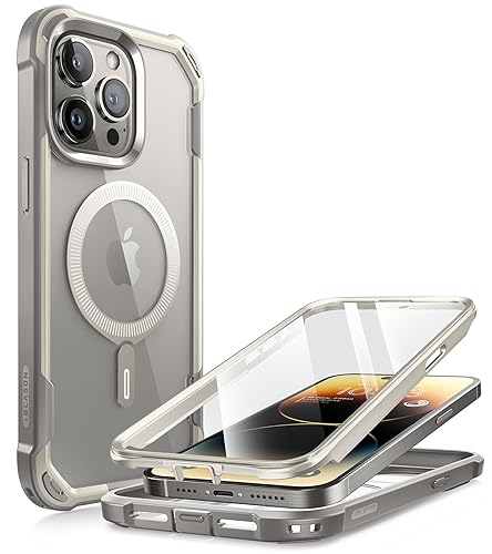 i-Blason Ares Mag Hülle für iPhone 15 Pro Max (6.7") 2023, Kompatibel mit MagSafe, Bumper Case Transparent Handyhülle Robust Schutzhülle Cover mit integriert Displayschutz, Grau