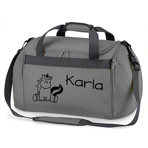 minimutz Sporttasche mit Namen für Mädchen | Motiv Einhorn für Kinder | Personalisieren & Bedrucken | Reisetasche Umhängetasche Duffle Bag (grau)
