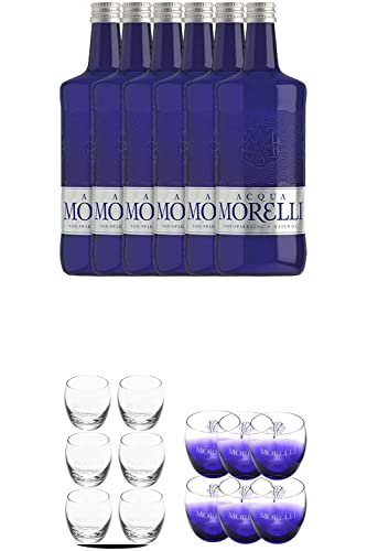 Morelli STILLES Wasser 6 x 0,75 Liter + Morelli Wasserkühler aus Acryl + Morelli Leonardo Wassergläser mit Eichstrich 0,2 Liter 6 Stück