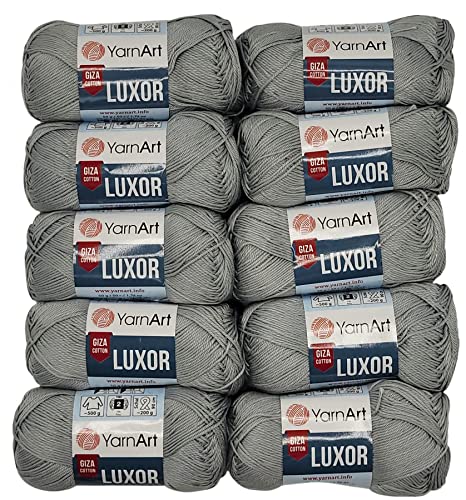 10 x 50 Gramm Yarnart Luxor 100% merzerisierte Giza Baumwolle , 500 Gramm Wolle aus 100% veredelte Baumwolle, Strickwolle einfarbig (grau 1217)