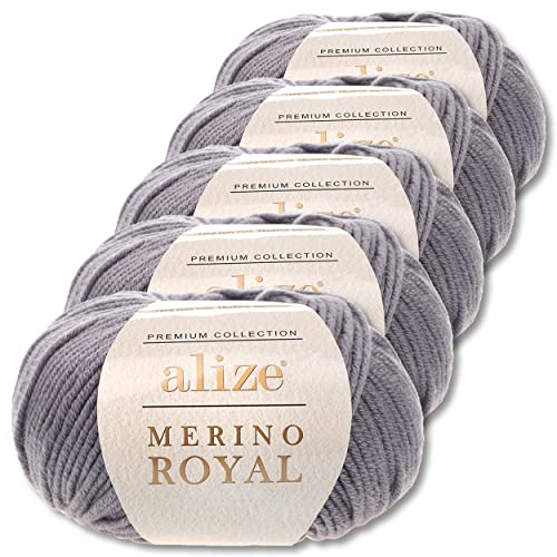 Alize 5x50 g Merino Royal 100% Merinowolle Farben zur Auswahl Superwash Wolle (87 | Dunkelgrau)