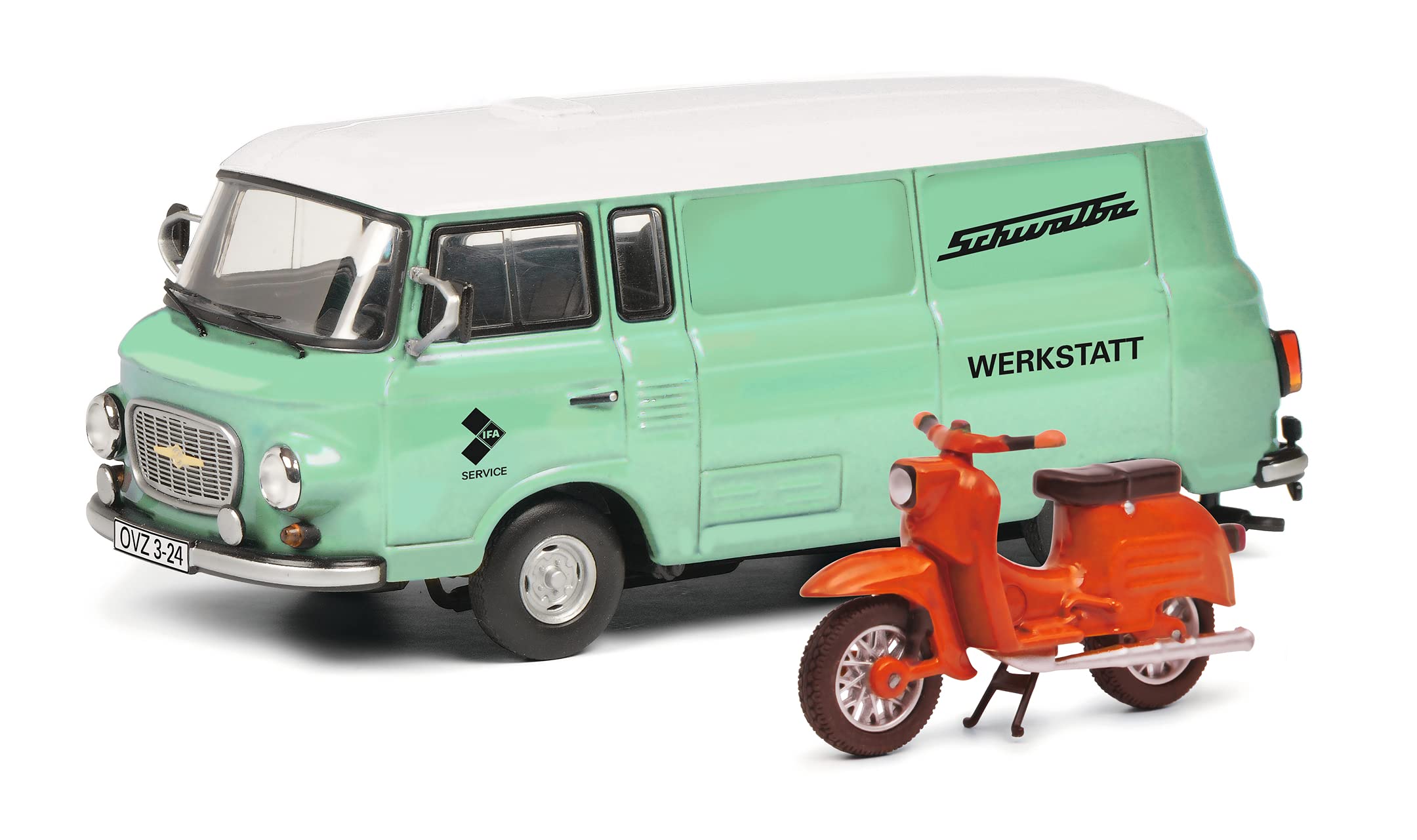 Schuco 450365400 Barkas B 1000 Werkstatt, Kastenwagen, mit Schwalbe, Modellauto, Maßstab 1:43, Limited Edition 750, grün