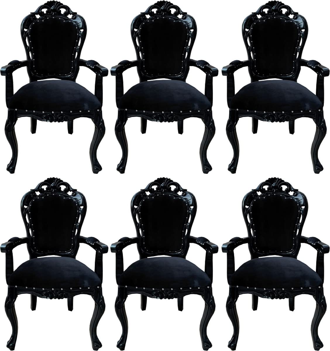 Casa Padrino Barock Esszimmerstuhl 6er Set Schwarz - Handgefertigte Antik Stil Stühle mit Armlehnen - Barock Esszimmer Möbel
