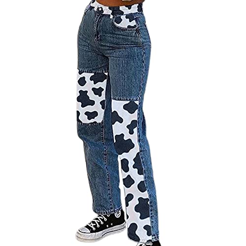 hetuioiyster Damen Mid Waist Straight Leg Jeans Harajuku Milk Cow Print Patchwork Denim Pants