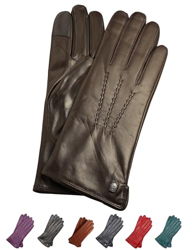 AKAROA ESTD 2019 Lederhandschuhe Damen ANN, Touchscreen Funktion, italienisches Leder, recyceltes Strickfutter aus 50% Kaschmir und 50% Wolle, 4 Größen S - XL, schwarzbraun, M - 7,5