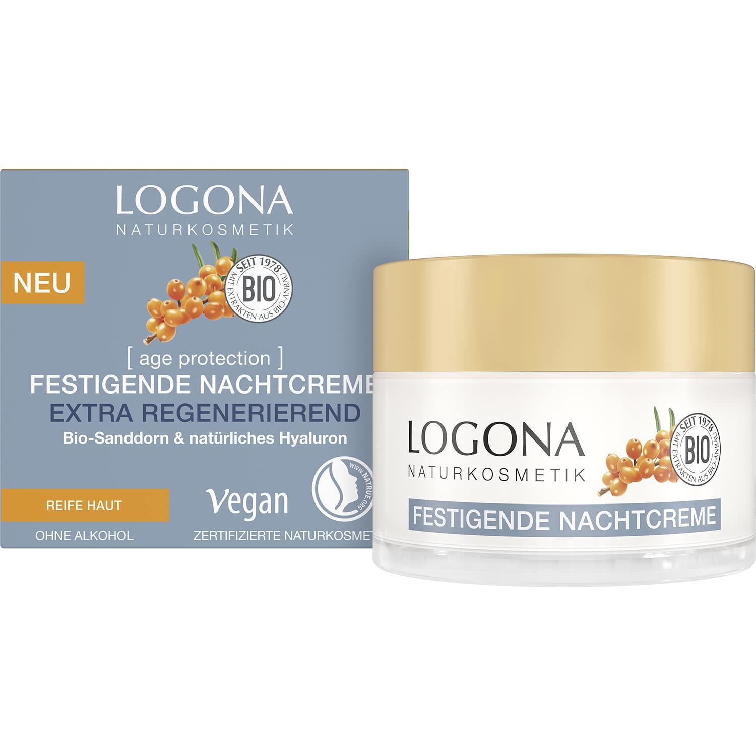 LOGONA Naturkosmetik Anti-Aging Nachtcreme, Regenerierende Gesichtspflege mit veganer Formel, Mit Bio-Sanddorn und Hyaluron, age protection, 50 ml