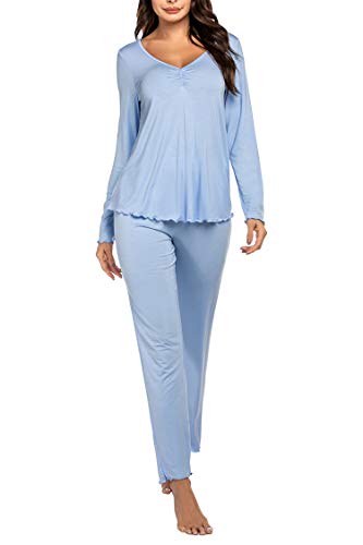 MAXMODA Damen Schlafanzug Sommer Pyjama Set Kurzarm Nachtwäsche V-Ausschnitt Sleepshirt Zweiteiliger Shirt lang Hosen, XXL