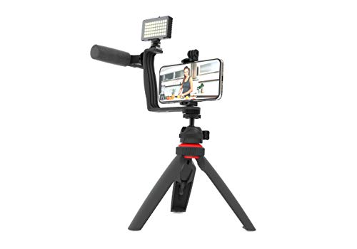 digipower Video Vlogger Set mit Videolicht, Shotgun Pro Mikrofon, Winkelhalterung mit zwei Blitzschuhadaptern, Dreibeinstativ und Smartphone-Halterung