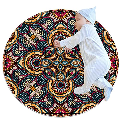 Area Rug Retro ethnisch Runde Teppiche Weiche, schmutzabweisende Teppichbodenmatte für zu Hause 100x100cm