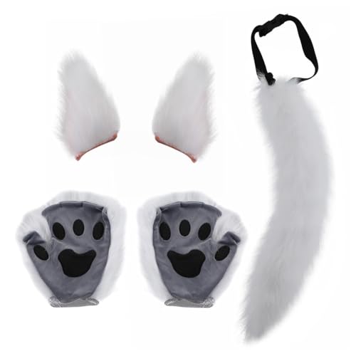Furry Cosplay Fuchsschwanz und Ohren Set: verstellbare lange Pelz Halloween Handschuhe Pfote Deko, Einheitsgröße, Kunstpelz