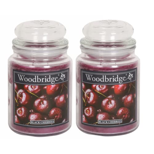 Woodbridge Duftkerze im Glas mit Deckel | 2er Set Black Cherries | Duftkerze Kirsche | Kerzen Lange Brenndauer (130h) | Duftkerze groß | Kerzen Rot (565g)