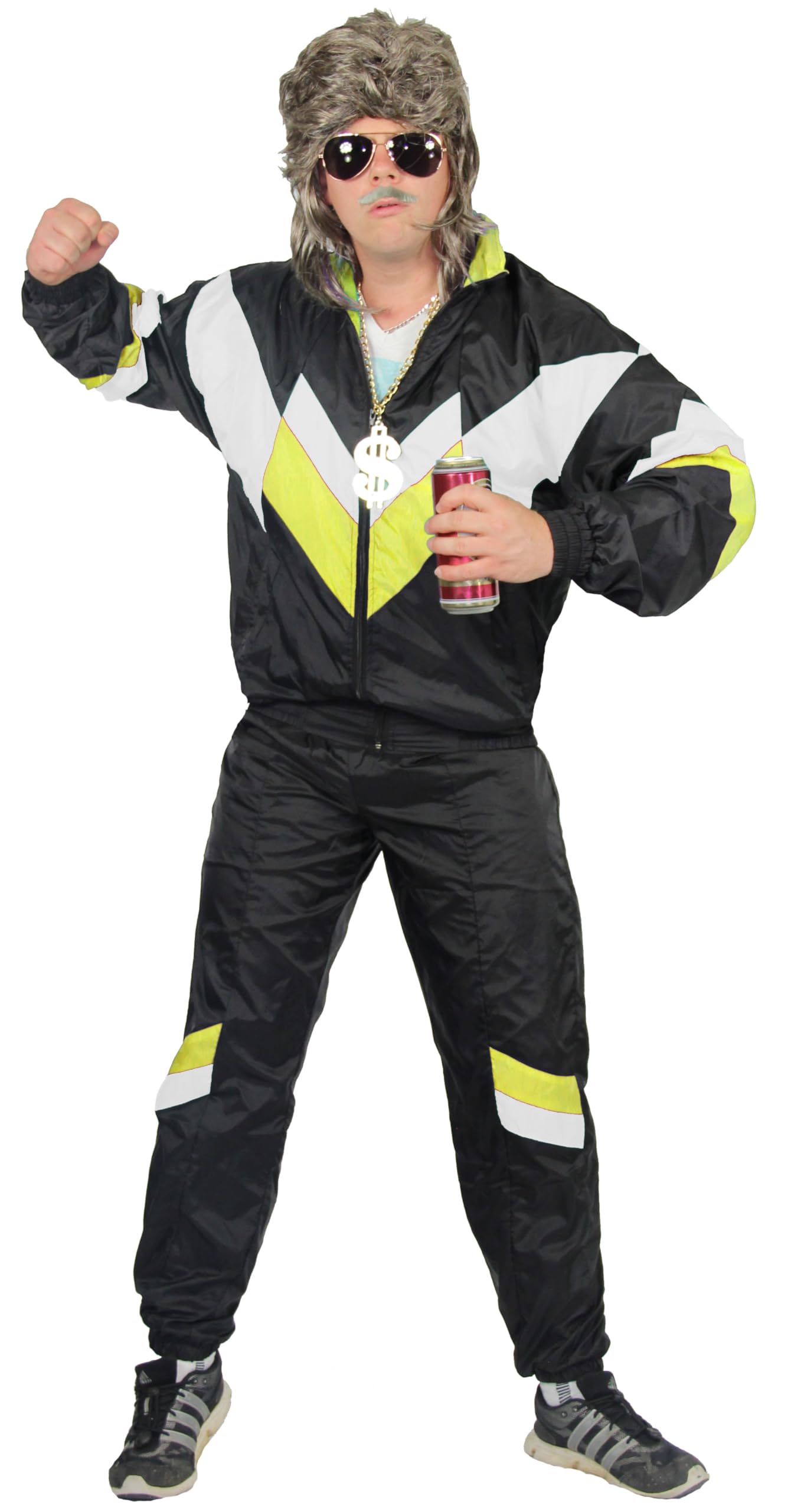 Foxxeo 80er Jahre Kostüm für Erwachsene Premium 80s Trainingsanzug Assianzug Assi - Herren Größe S-XXXXL - Fasching Karneval Anzug, Farbe schwarz weiss gelb, Größe: XXXL