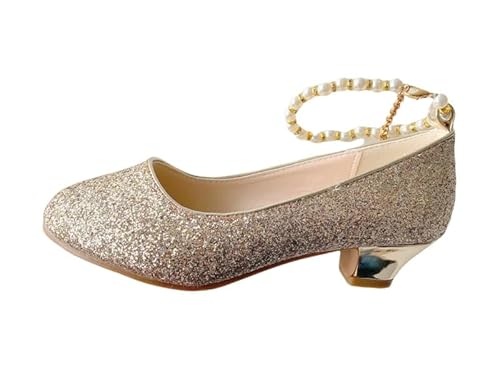 La Señorita Brautschuhe Kommunionschuhe Festliche Schuhe Gold mit Perlen Absatzschuhe für mädchen (Numeric_30)