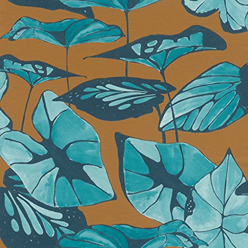 Rasch Tapeten 539660 aus der Kollektion Amazing-Vliestapete mit Lotus-Blättern in Petrol auf Hintergrund in Cognac-Braun mit leichter Struktur – 10,05m x 53cm (L x B) Tapete