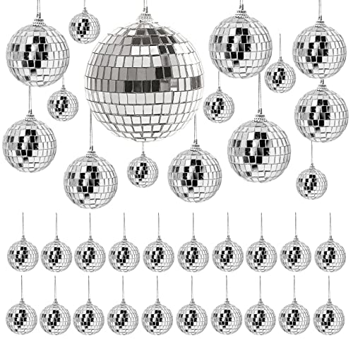 36 Stück reflektierende Spiegel-Disco-Kugeln – DJ-Lichteffekt, 70er/80er/90er Jahre, verschiedene Größen, silberne Disco-Kugeldekorationen, Bühnenrequisiten, Kuchendekoration