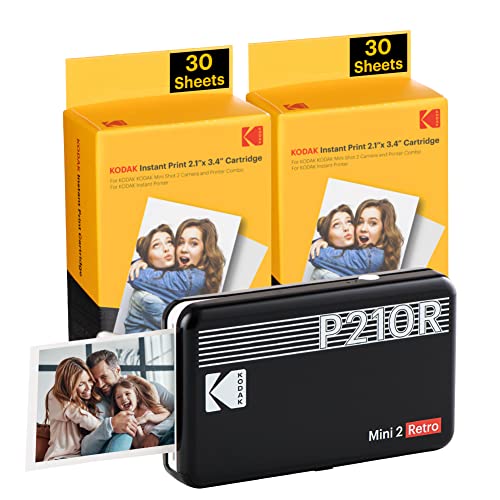 KODAK Mini 2 Retro 4PASS Mobiler Fotodrucker (5,3x8,6cm) - Paket met 68 Blatts, Schwarz
