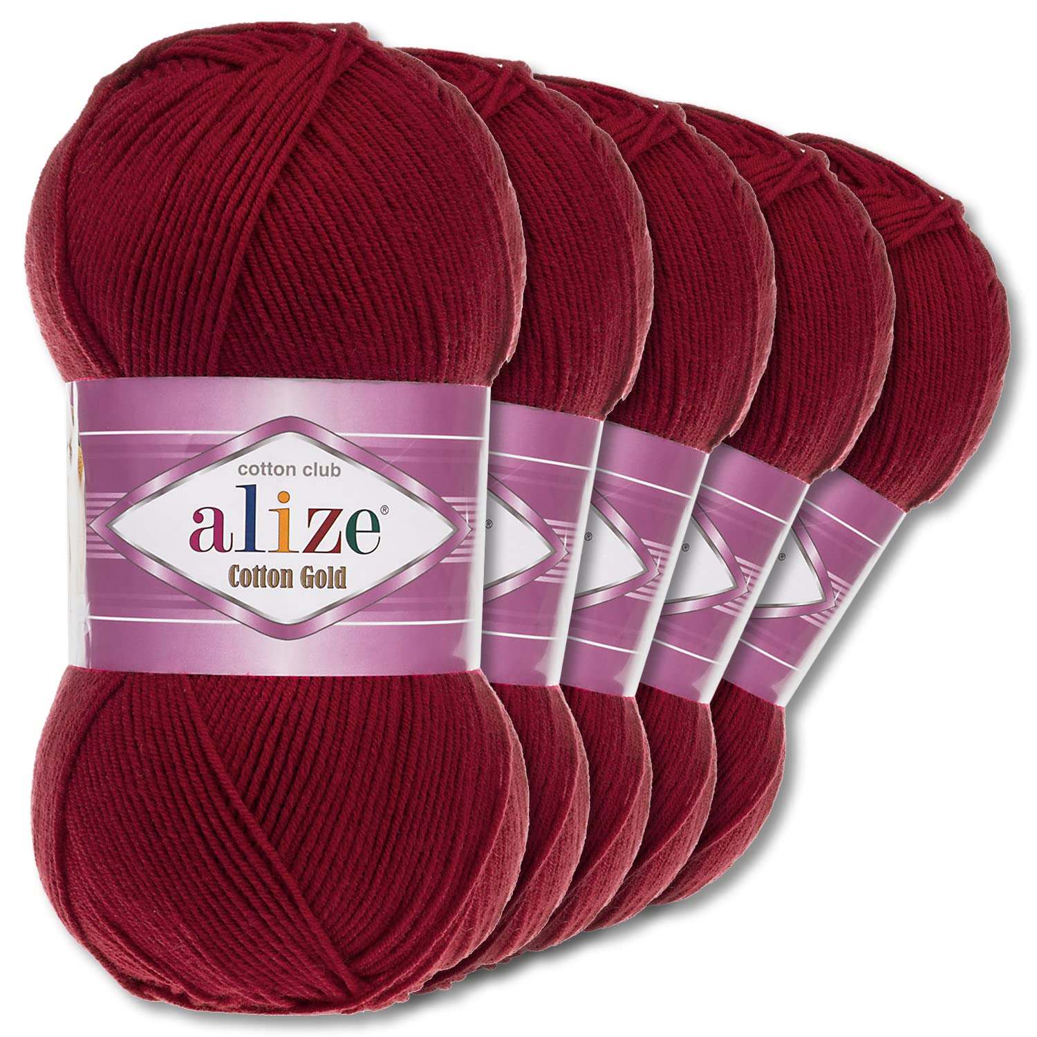 Alize 5 x 100 g Cotton Gold Premium Wolle| 39 Farben Sommerwolle Garn Stricken Amigurumi (390 | Kirschrot)