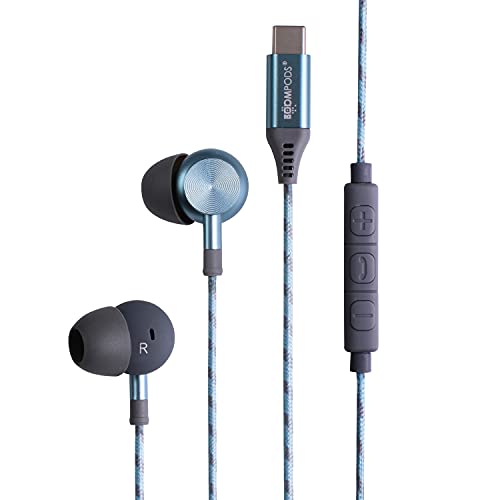 Boompods Digibuds USB C Kopfhörer - In Ear Kopfhörer mit Kabel USB C Anschluss, IPX4 schweißfeste USB-C Ear Buds Ohrhörer mit Kabel & Mikrofon, geflochtenes langlebiges Boomflex Kabel, Eisblau
